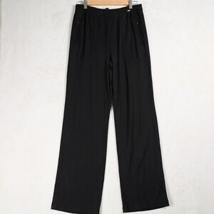 St. John Spa Black Wide Leg Knit Pants Zip Pockets‎ Gold Logo Women Size La